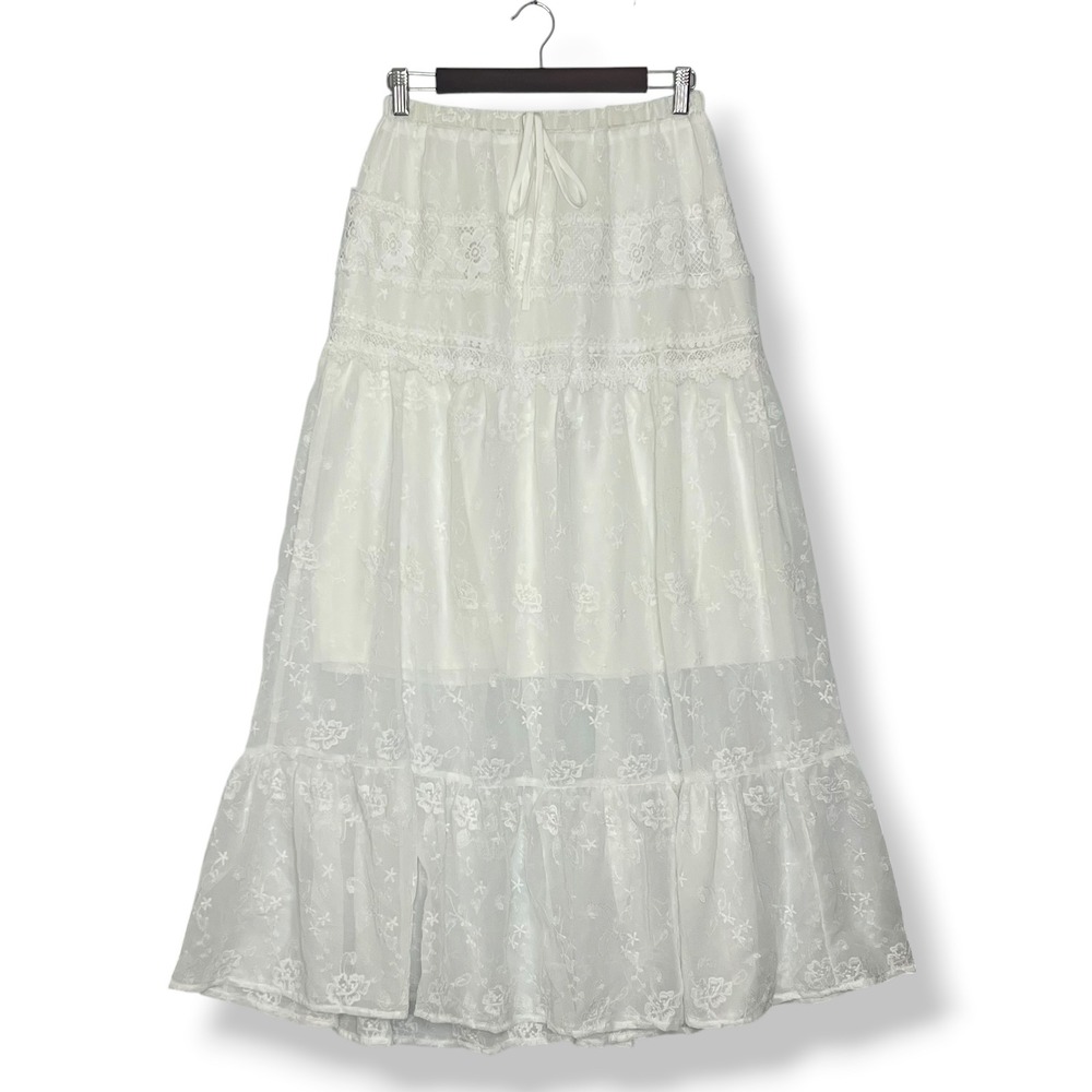 Poéselle Maxi Skirt‎ 6 White Lace Embroidered Tiered Boho Cottagecore Ethereal